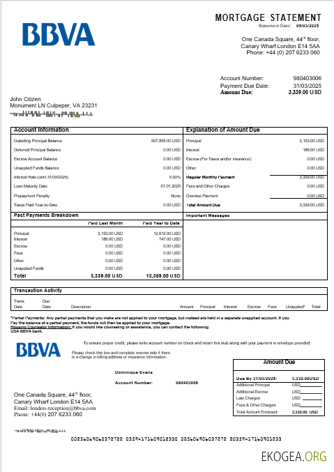 Relevé hypothécaire de la banque USA BBVA aux formats Word et PDF
